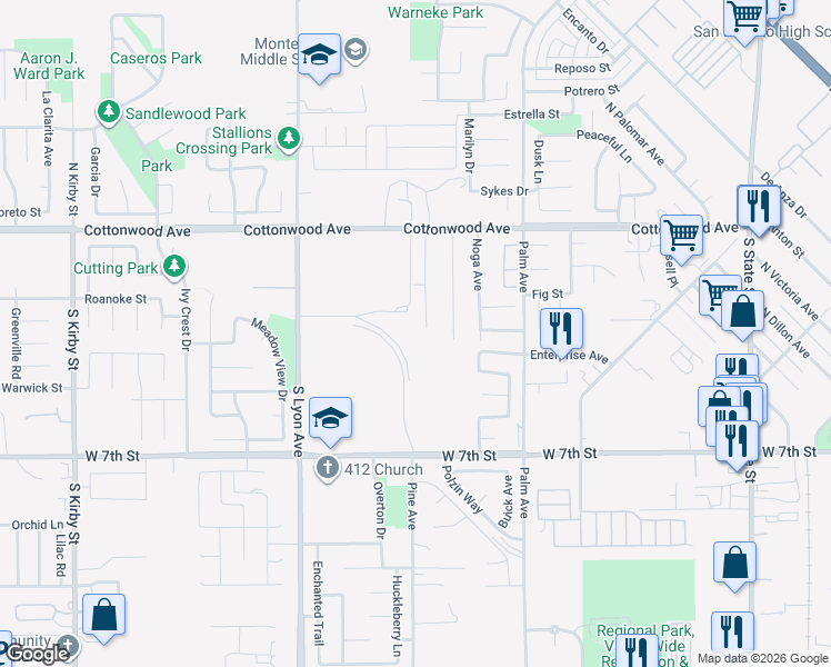 map of restaurants, bars, coffee shops, grocery stores, and more near 348 Pepperwood Street in San Jacinto