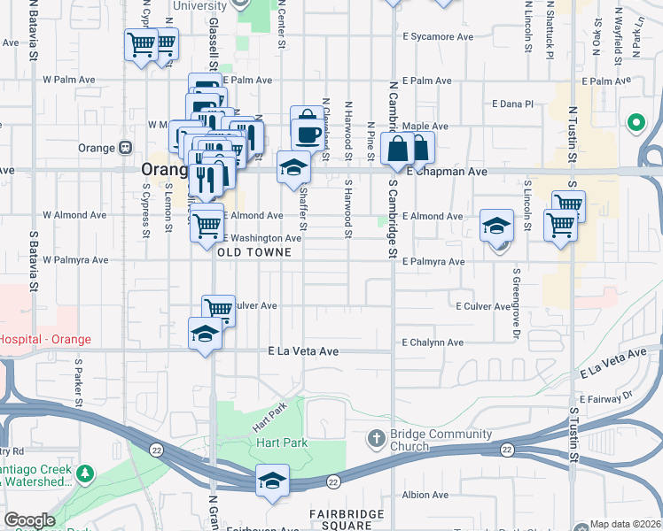 map of restaurants, bars, coffee shops, grocery stores, and more near 606 East Palmyra Avenue in Orange
