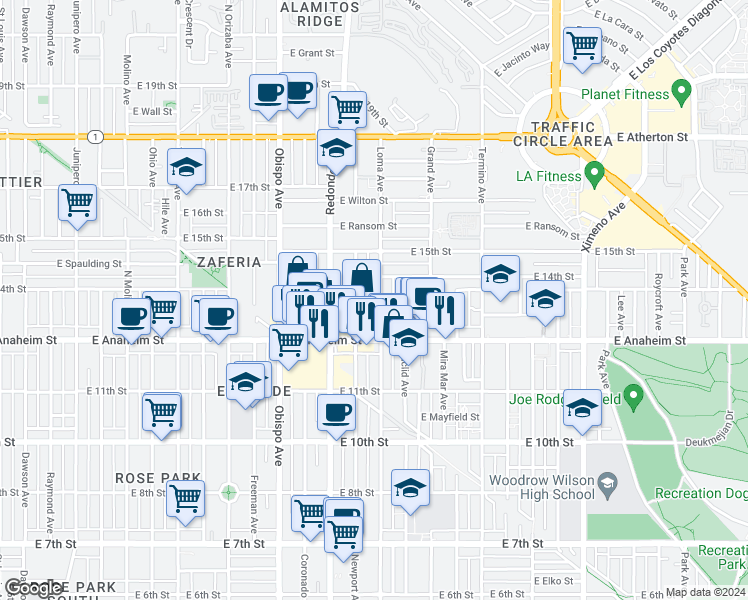 map of restaurants, bars, coffee shops, grocery stores, and more near 1355 Loma Avenue in Long Beach