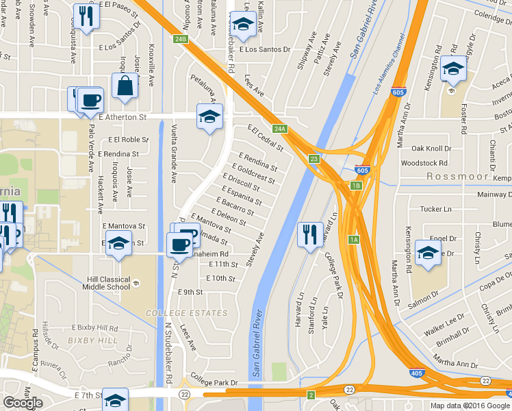 map of restaurants, bars, coffee shops, grocery stores, and more near 6934 East Espanita Street in Long Beach