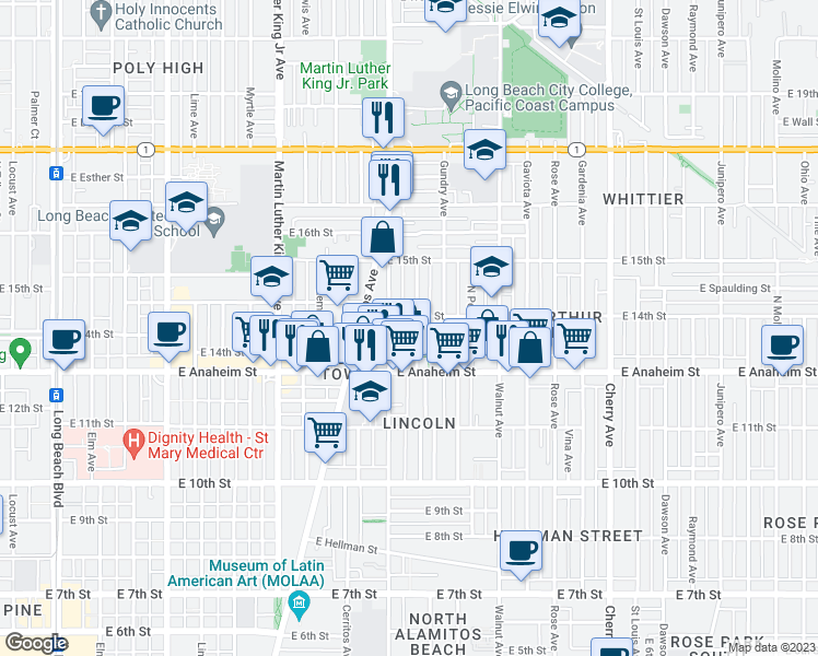 map of restaurants, bars, coffee shops, grocery stores, and more near 1400 Orange Avenue in Long Beach
