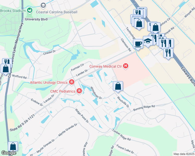 map of restaurants, bars, coffee shops, grocery stores, and more near 200 Myrtle Greens Drive in Conway