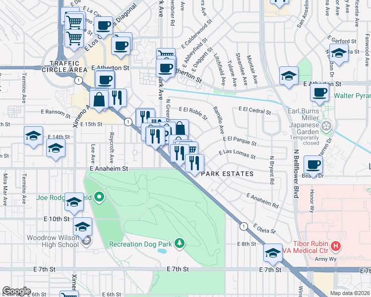 map of restaurants, bars, coffee shops, grocery stores, and more near 5178 East Anaheim Road in Long Beach