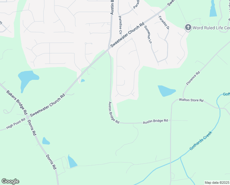 map of restaurants, bars, coffee shops, grocery stores, and more near 18 Sweetwater Bridge Trail in Douglasville