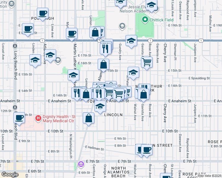 map of restaurants, bars, coffee shops, grocery stores, and more near 1400 Orange Avenue in Long Beach