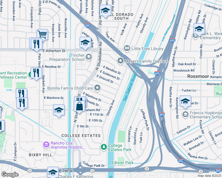 map of restaurants, bars, coffee shops, grocery stores, and more near 6934 East Espanita Street in Long Beach