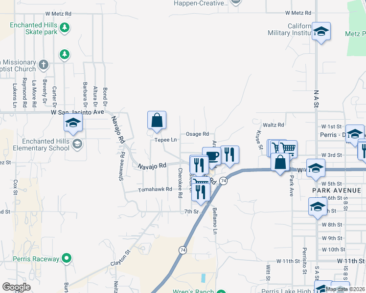 map of restaurants, bars, coffee shops, grocery stores, and more near 939 Choctaw Court in Perris
