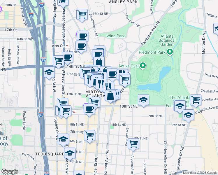 map of restaurants, bars, coffee shops, grocery stores, and more near 202 12th Street Northeast in Atlanta
