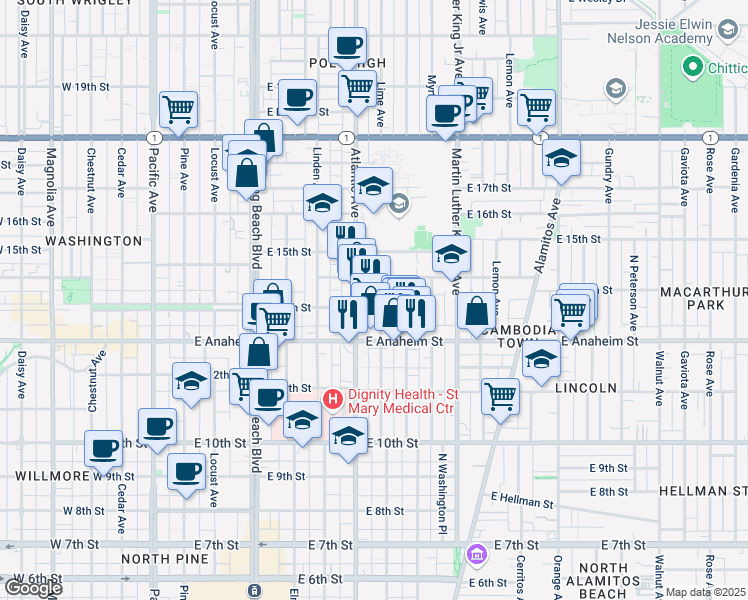 map of restaurants, bars, coffee shops, grocery stores, and more near 1458 Atlantic Avenue in Long Beach