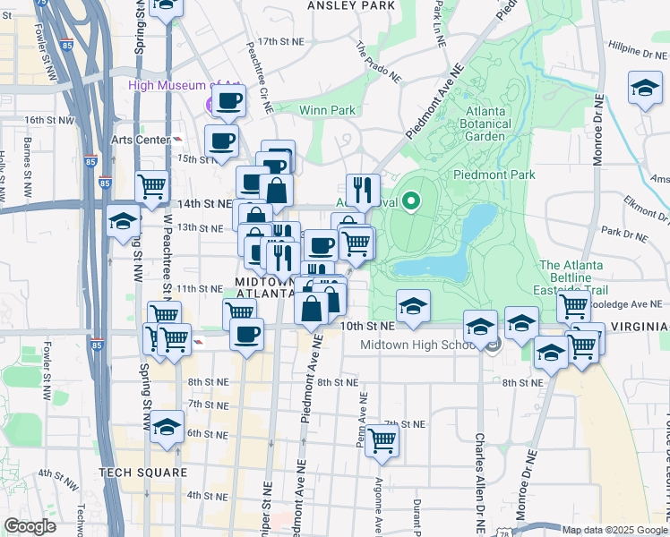 map of restaurants, bars, coffee shops, grocery stores, and more near 231 12th Street Northeast in Atlanta