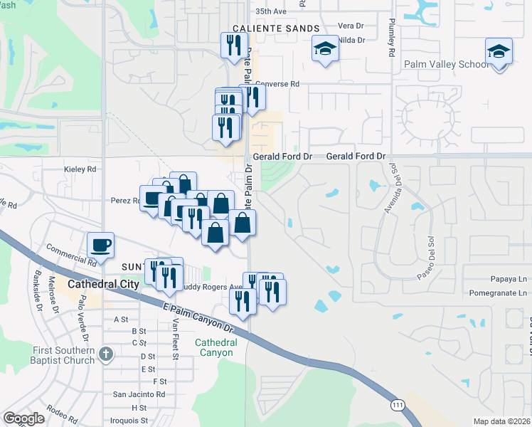 map of restaurants, bars, coffee shops, grocery stores, and more near 154 Estrada Way in Cathedral City