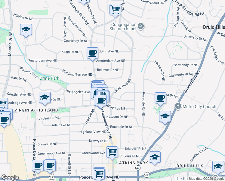 map of restaurants, bars, coffee shops, grocery stores, and more near 1072 Lanier Blvd NE in Atlanta