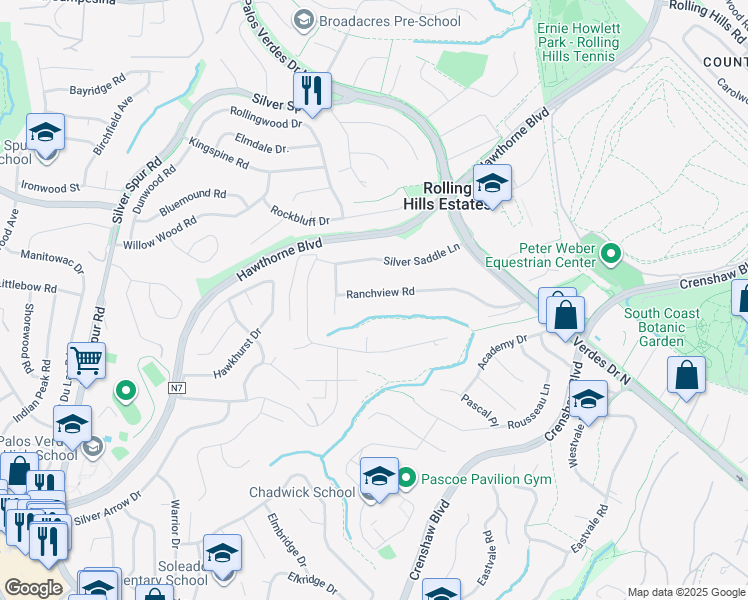 map of restaurants, bars, coffee shops, grocery stores, and more near 54 Ranchview Road in Rolling Hills Estates