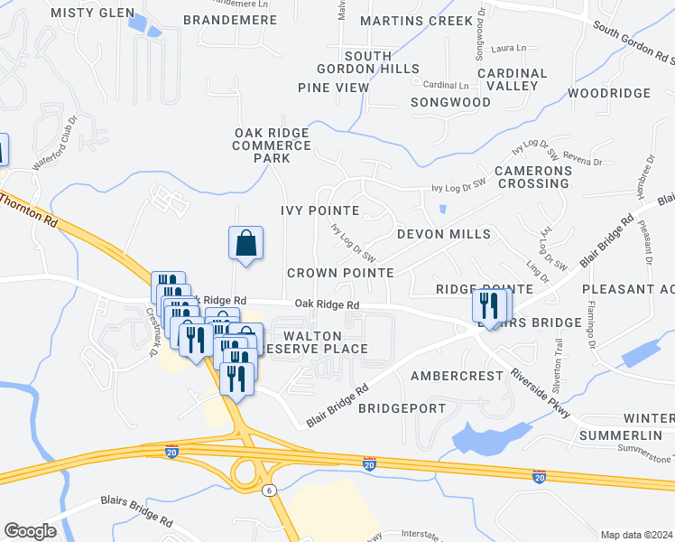 map of restaurants, bars, coffee shops, grocery stores, and more near 6820 Panda Drive in Austell