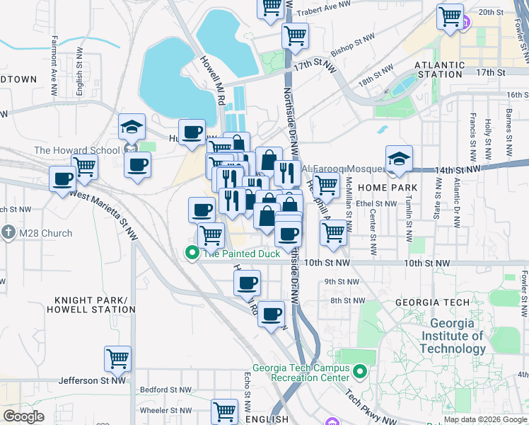 map of restaurants, bars, coffee shops, grocery stores, and more near 663 Ethel Street Northwest in Atlanta