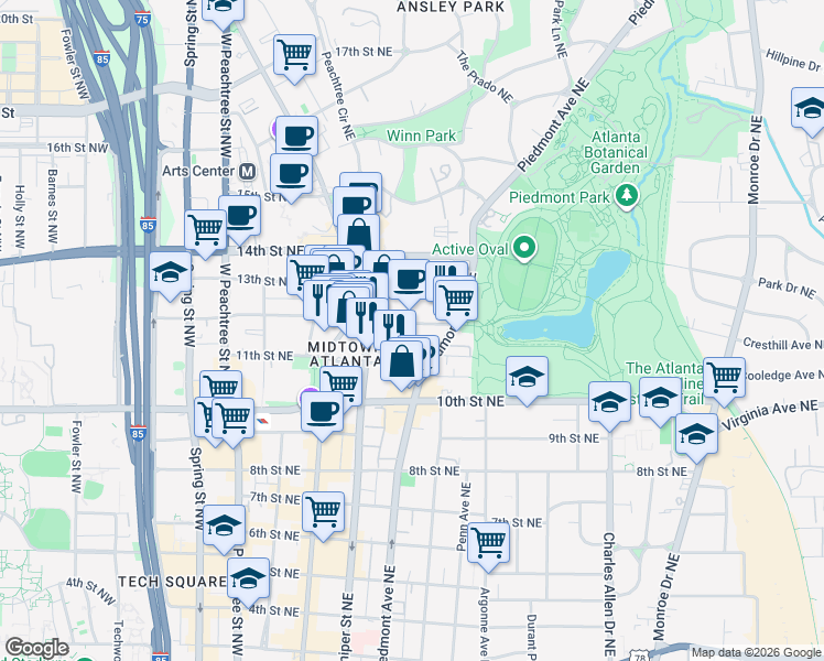 map of restaurants, bars, coffee shops, grocery stores, and more near 202 12th Street Northeast in Atlanta