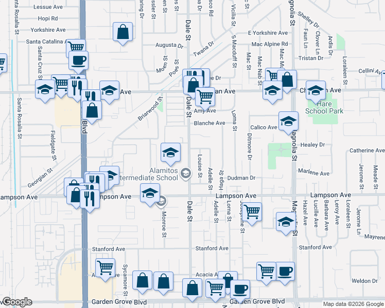 map of restaurants, bars, coffee shops, grocery stores, and more near 12282 Dale Street in Garden Grove