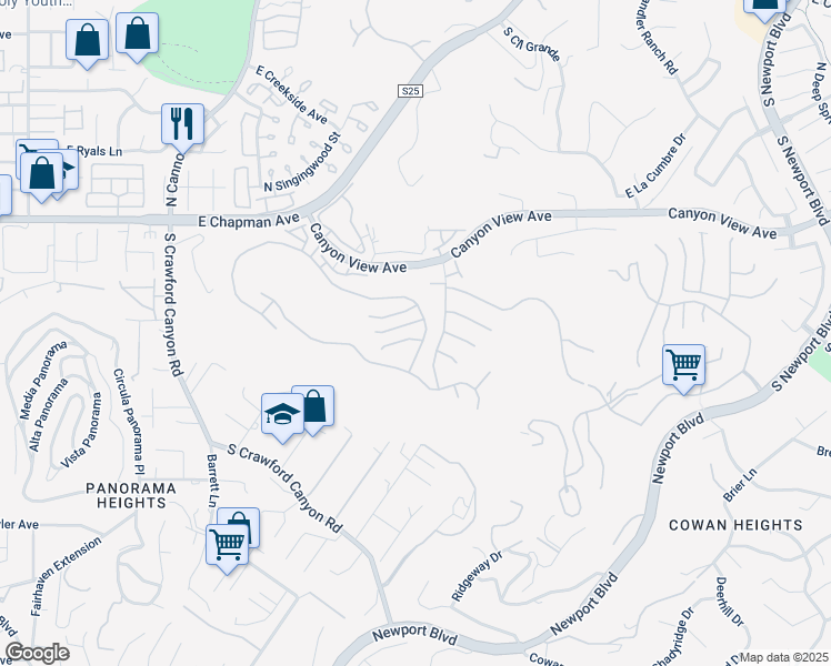 map of restaurants, bars, coffee shops, grocery stores, and more near 6245 East Allison Circle in Orange