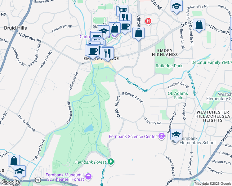 map of restaurants, bars, coffee shops, grocery stores, and more near 1093 East Clifton Road Northeast in Atlanta