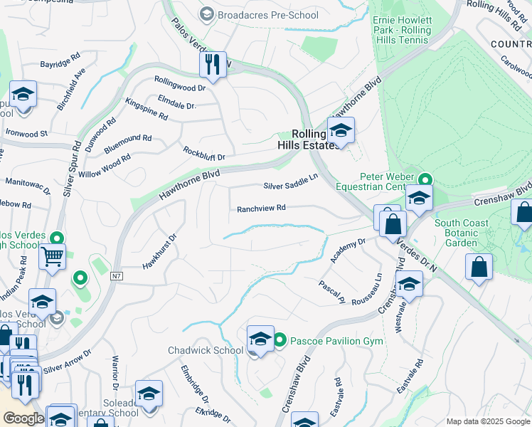 map of restaurants, bars, coffee shops, grocery stores, and more near 50 Ranchview Road in Rolling Hills Estates