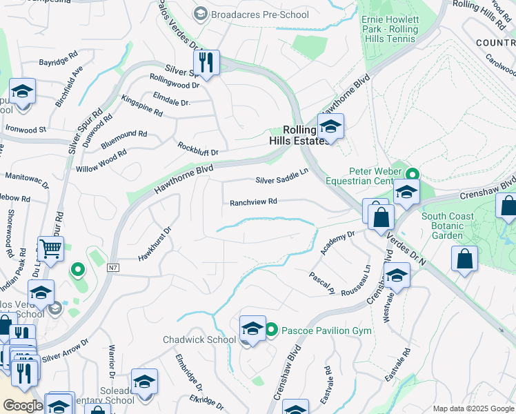 map of restaurants, bars, coffee shops, grocery stores, and more near 50 Ranchview Road in Rolling Hills Estates