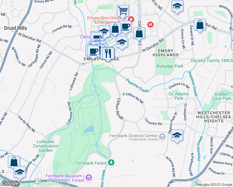 map of restaurants, bars, coffee shops, grocery stores, and more near 1080 Clifton Road North East in Atlanta