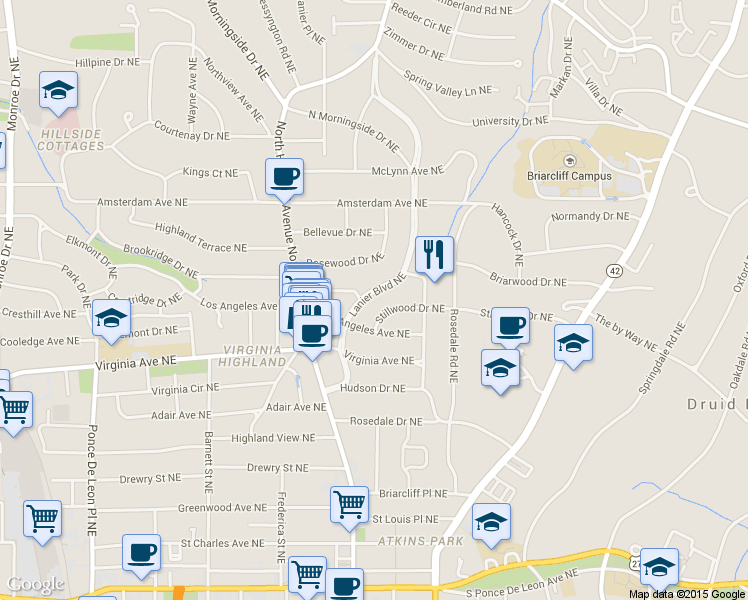 map of restaurants, bars, coffee shops, grocery stores, and more near 1085 Lanier Blvd NE in Atlanta
