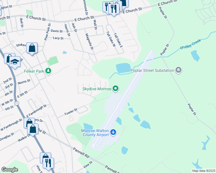 map of restaurants, bars, coffee shops, grocery stores, and more near 1043 Wheel House Lane in Monroe