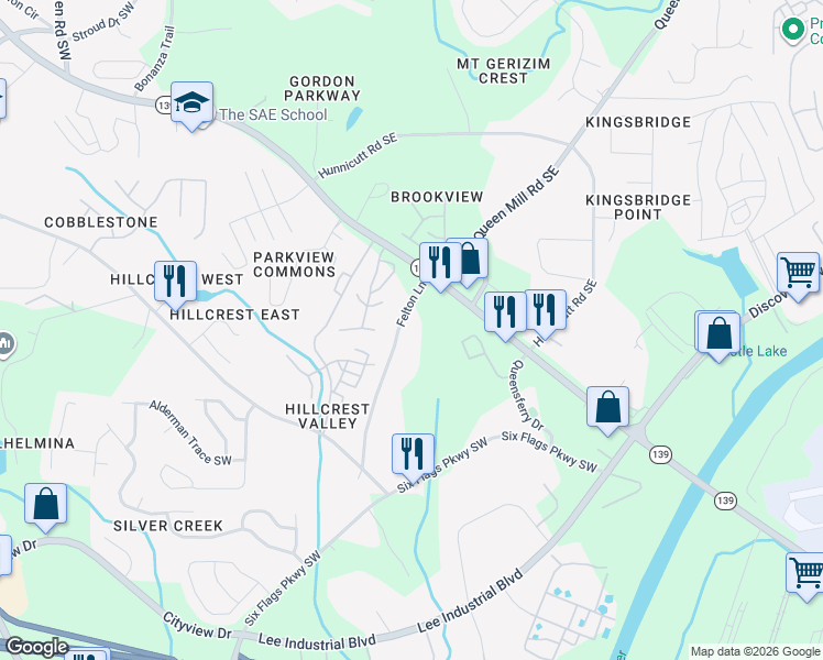 map of restaurants, bars, coffee shops, grocery stores, and more near 6973 Felton Lane in Mableton