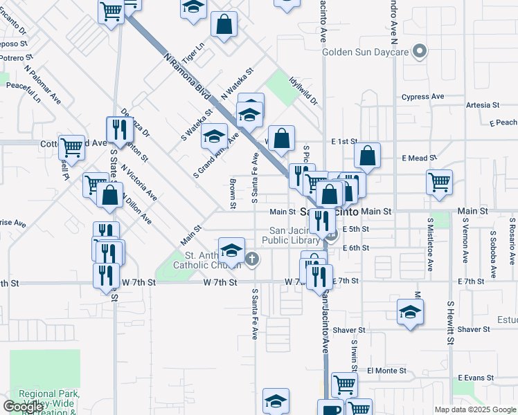 map of restaurants, bars, coffee shops, grocery stores, and more near 364 West 3rd Street in San Jacinto