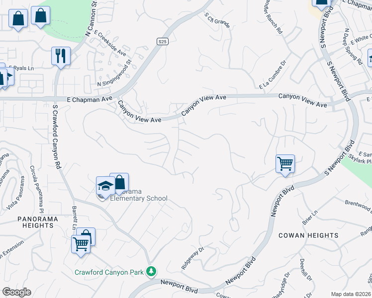 map of restaurants, bars, coffee shops, grocery stores, and more near 6434 East Saint Germain Circle in Orange