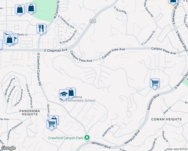map of restaurants, bars, coffee shops, grocery stores, and more near 6311 East Rocking Horse Way in Orange