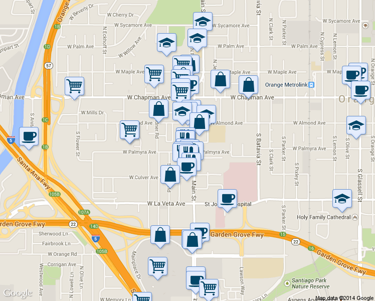 map of restaurants, bars, coffee shops, grocery stores, and more near 1475 West Palmyra Avenue in Orange