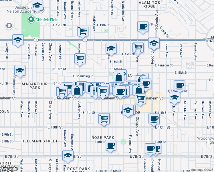map of restaurants, bars, coffee shops, grocery stores, and more near 2743 East 14th Street in Long Beach