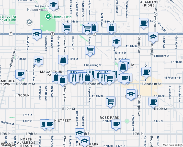 map of restaurants, bars, coffee shops, grocery stores, and more near 2423 East 14th Street in Long Beach