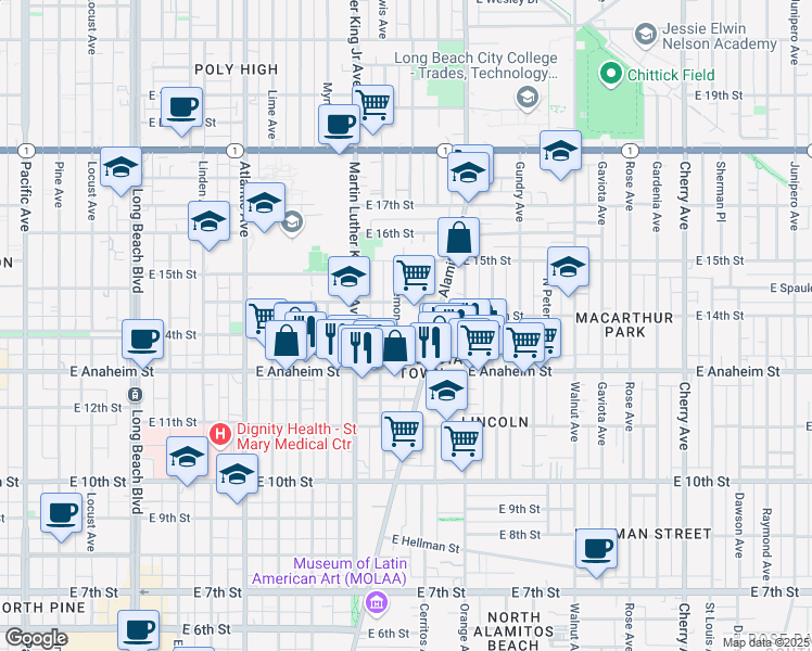 map of restaurants, bars, coffee shops, grocery stores, and more near 1150 East New York Street in Long Beach