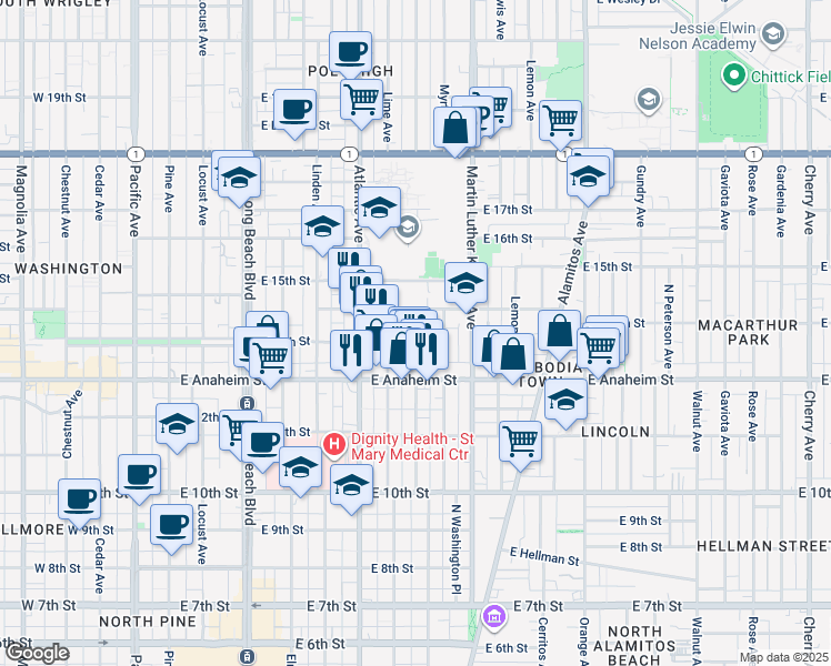 map of restaurants, bars, coffee shops, grocery stores, and more near 716 East New York Street in Long Beach