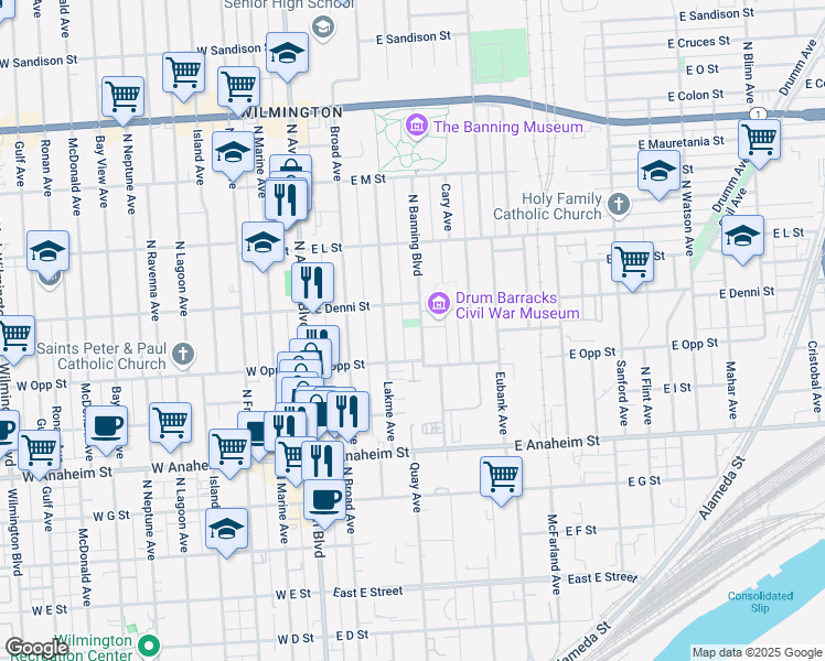 map of restaurants, bars, coffee shops, grocery stores, and more near 1047 North Banning Boulevard in Los Angeles
