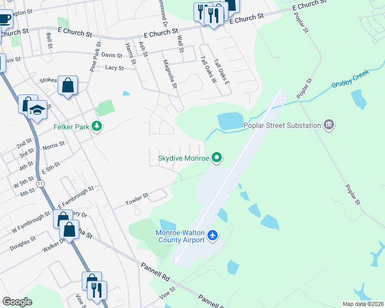 map of restaurants, bars, coffee shops, grocery stores, and more near 1043 Wheel House Lane in Monroe