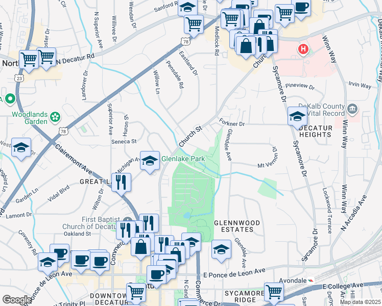 map of restaurants, bars, coffee shops, grocery stores, and more near 1179 Church Street in Decatur