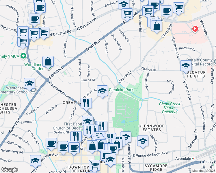 map of restaurants, bars, coffee shops, grocery stores, and more near 132 Geneva Street in Decatur