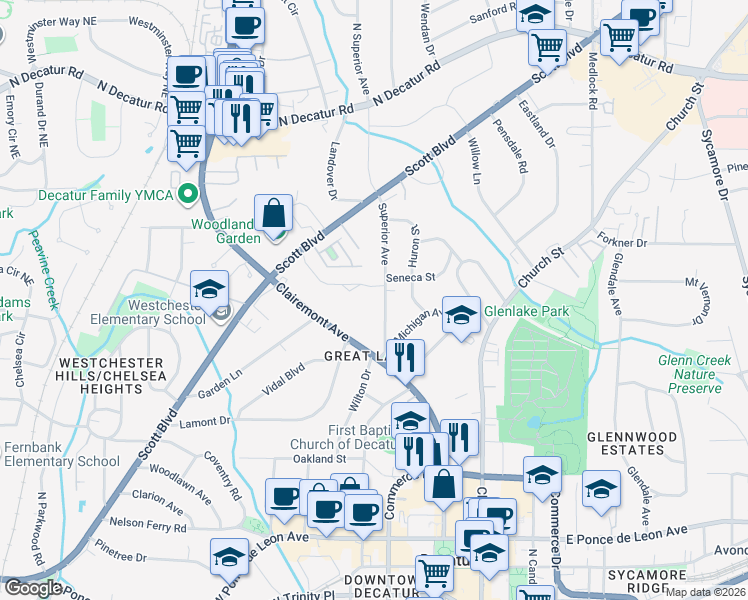 map of restaurants, bars, coffee shops, grocery stores, and more near 168 Superior Avenue in Decatur