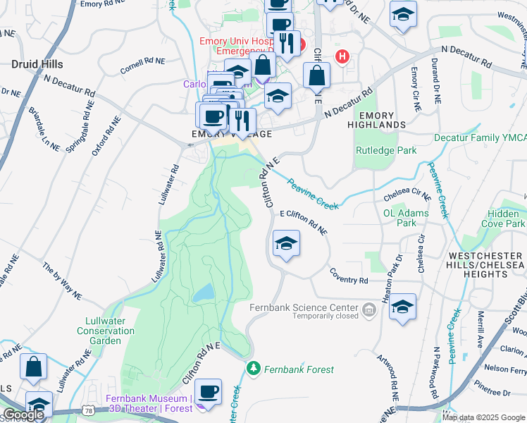 map of restaurants, bars, coffee shops, grocery stores, and more near 1080 Clifton Road North East in Atlanta