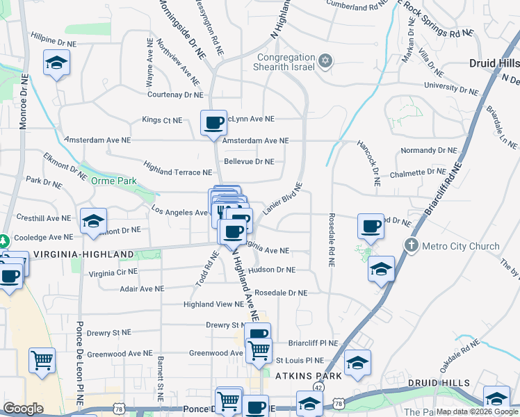 map of restaurants, bars, coffee shops, grocery stores, and more near 1072 Lanier Boulevard Northeast in Atlanta