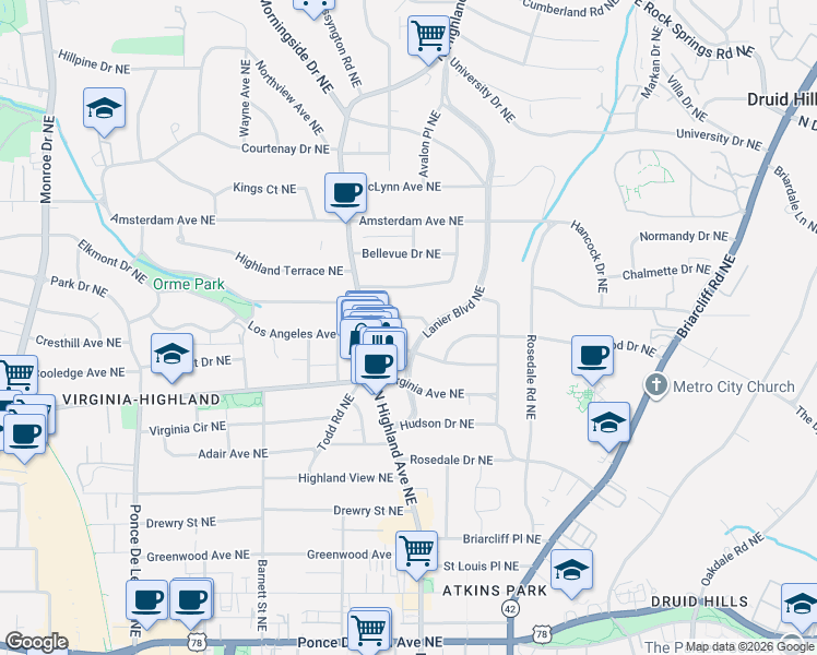 map of restaurants, bars, coffee shops, grocery stores, and more near 1056 Kentucky Avenue Northeast in Atlanta