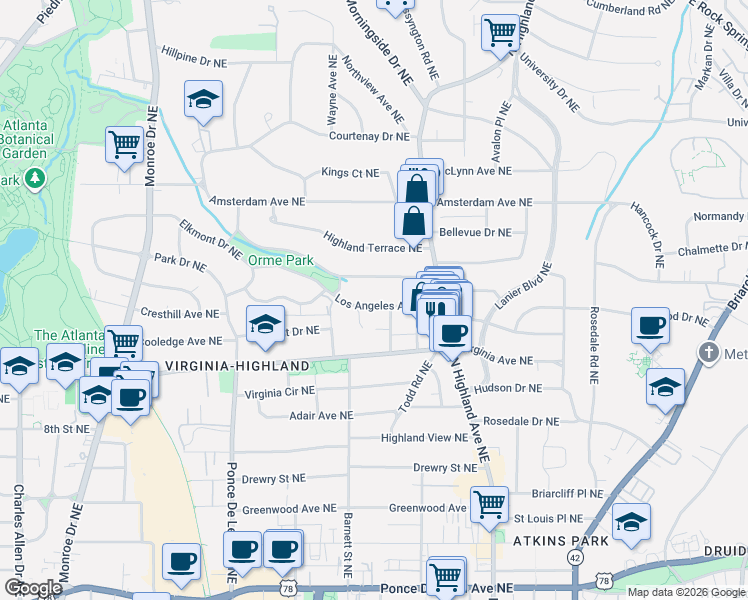 map of restaurants, bars, coffee shops, grocery stores, and more near 927 Glen Arden Way Northeast in Atlanta