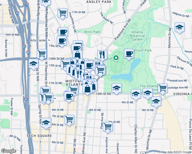 map of restaurants, bars, coffee shops, grocery stores, and more near 242 12th Street Northeast in Atlanta