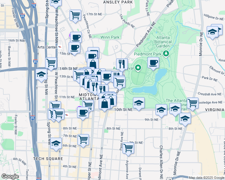 map of restaurants, bars, coffee shops, grocery stores, and more near 242 12th Street Northeast in Atlanta