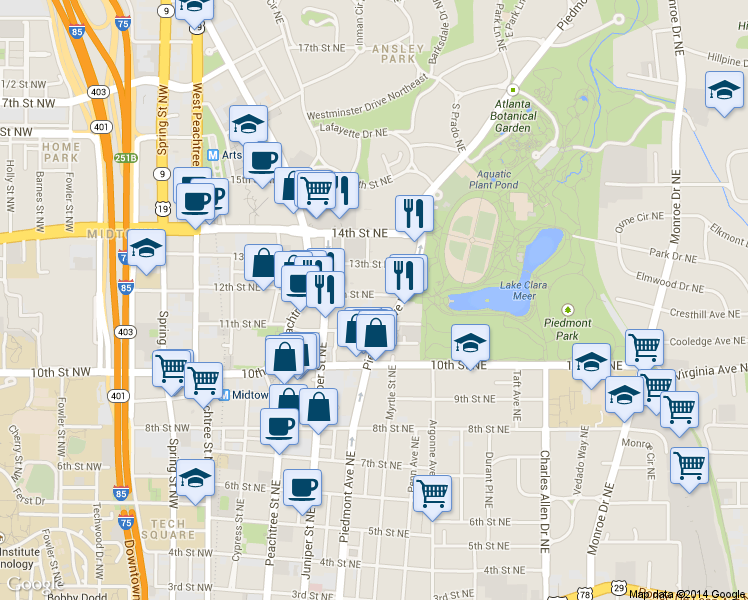 map of restaurants, bars, coffee shops, grocery stores, and more near 242 12th Street Northeast in Atlanta