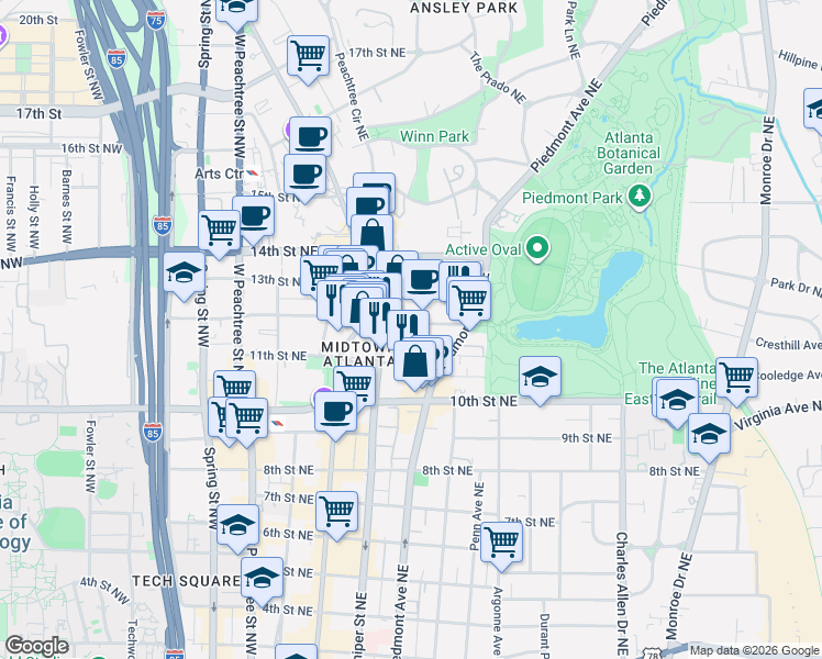 map of restaurants, bars, coffee shops, grocery stores, and more near 202 12th Street Northeast in Atlanta